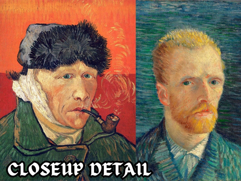 Puede incluir: Una imagen dividida en dos, que muestra dos autorretratos de Vincent van Gogh. El lado izquierdo muestra un primer plano de van Gogh con la oreja vendada, usando un sombrero de piel oscura y una chaqueta verde. &Eacute;l est&aacute; sosteniendo una pipa en su boca. El lado derecho muestra un primer plano de van Gogh con barba y un fondo amarillo.