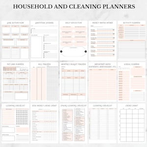 May include: A printable planner with a pink and white color scheme. The planner includes sections for goal action, gratitude, daily reflection, weekly water intake, activity, pet care, bill tracking, monthly budget, important dates, school, cleaning checklist, kids weekly chore chart, spring cleaning checklist, cleaning checklist, and chore chart.