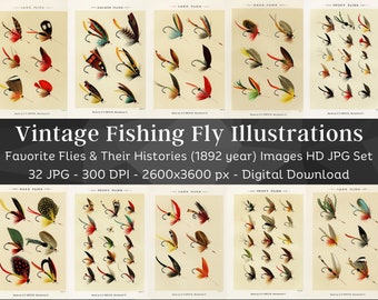 Vintage Fishing Fly Illustrations | 32 JPG HQ Digital Image Bundle| Mary Orvis Fly Fishing Flies Trout Salmon Fisherman Dry Flies Bass Lures