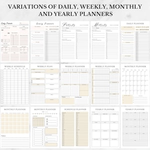 May include: A collection of printable planner templates for daily, weekly, monthly, and yearly planning. The templates feature a simple black and white design with a light beige background.