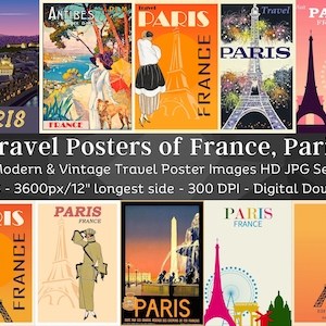 Carteles de viaje de Francia París / 36 HQ JPG Paquete de imágenes digitales / Ciudad retro colorida Colección de arte de carteles modernos y antiguos / Descarga instantánea
