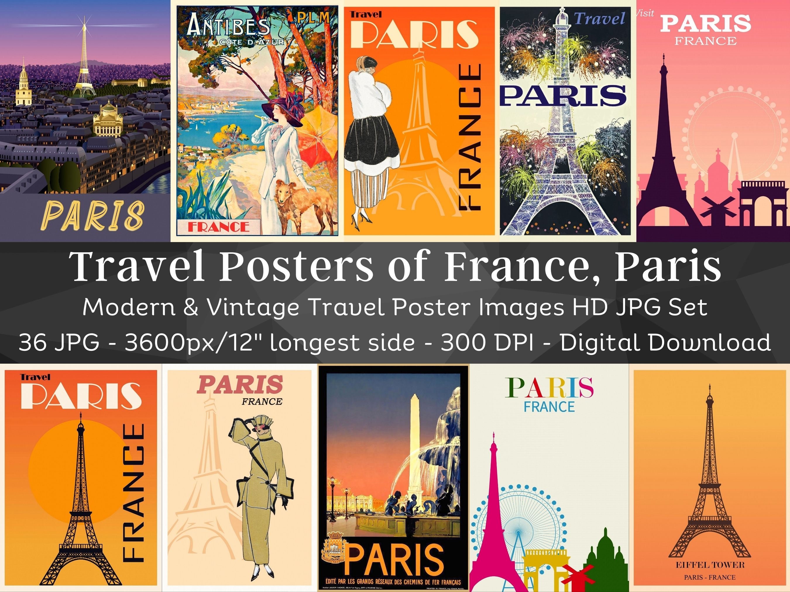 Travel Posters of France Paris| 36 HQ JPG Digital Image Bundle| Colorful Retro City Modern & Vintage Poster Art Collection| Instant Download