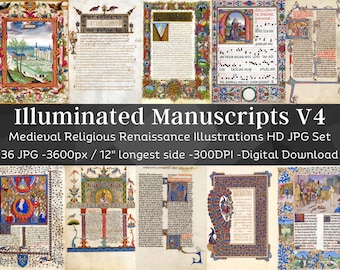 Illuminated Manuscript 36 Medieval Religious Renaissance Illustrations V4 | Gothic Vintage Printable Junk Journal Pages | Instant Download