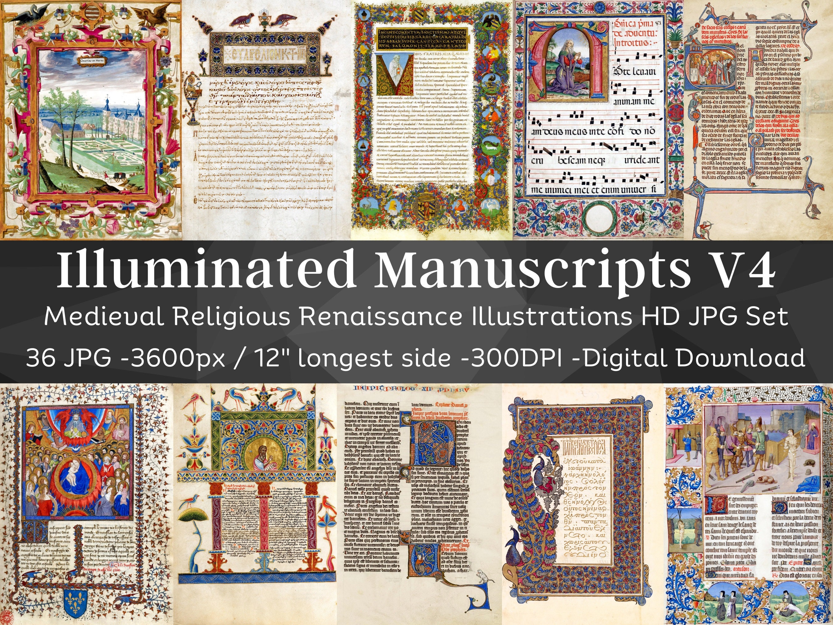 Illuminated Manuscript 36 Medieval Religious Renaissance Illustrations V4 | Gothic Vintage Printable Junk Journal Pages | Instant Download