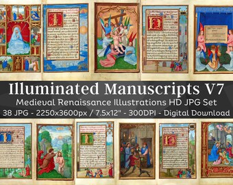 Manuscrito iluminado 38 Ilustraciones medievales del Renacimiento religioso V7 / Páginas de diario basura imprimibles góticas vintage / Descarga instantánea