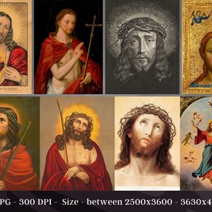 May include: A collection of 10 vintage religious images depicting Jesus Christ. The images are in various styles, including paintings, drawings, and photographs. Some of the images feature Jesus wearing a crown of thorns, while others show him with a bleeding heart. The images are all in a similar style, with a dark background and a light-colored frame.