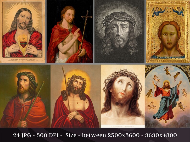 May include: A collection of 10 vintage religious images depicting Jesus Christ. The images are in various styles, including paintings, drawings, and photographs. Some of the images feature Jesus wearing a crown of thorns, while others show him with a bleeding heart. The images are all in a similar style, with a dark background and a light-colored frame.