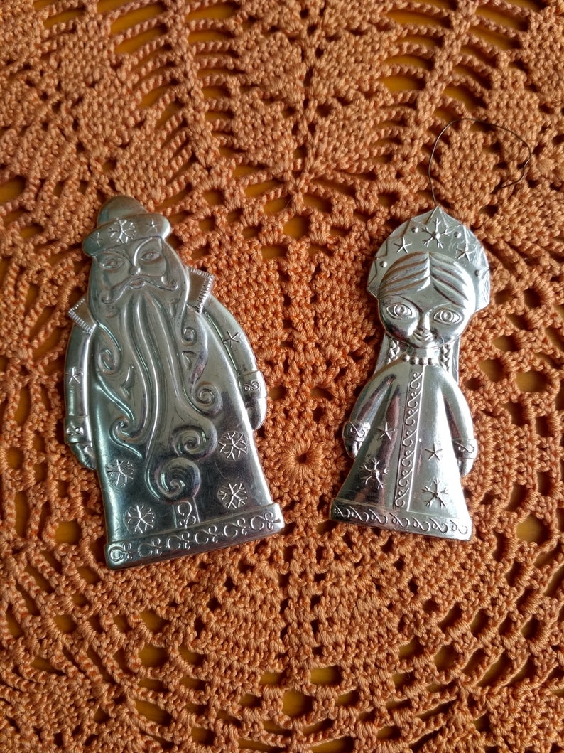 Cute Soviet Christmas Tree Decorations 1950s Onrament. Santa Claus and Snow Maiden Christmas Decoration USSR Cardboard Xmas Ornament