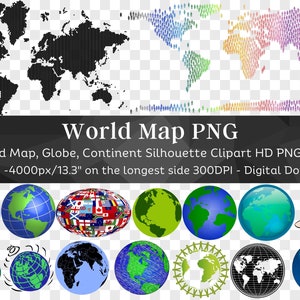 Weltkarte PNG Bundle | 40 HQ Weltkarte PNG Sticker Bilder| Erdkunde Illustration Grün Globus Symbol Mutter Erde Silhouette| Digitaler Download