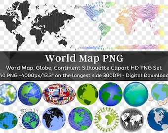 Carte du monde PNG Bundle | 40 Images d'autocollants PNG de la carte du monde HQ | Illustration de la géographie Icône du globe vert Silhouette de la terre mère | Téléchargement numérique