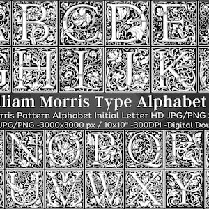 Pacote de arquivos Floral Retro Alphabet 26 JPG e PNG | William Morris inspirou carta inicial clipart| Sublimate Designs Instant Download Com. Usar