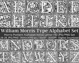 Alfabeto retro floral 26 Paquete de archivos JPG y PNG/ Clipart de letras iniciales inspiradas en William Morris/ Diseños sublimados Descarga instantánea Com. Usar