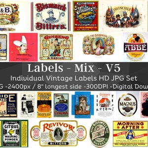 Vintage Labels Mixed Kit 80 HQ Digital JPG Bundle 5| Drinks, Medicine, Candy, Cigarette, Tea, Coffee, Detergent Old Labels| Instant Download