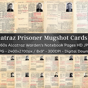 60 Vintage Alcatraz Inmate Prison Records with Mugshots HD Image V3 | Wardens Notebook Criminal Files | Crime Junk Journal| Digital Download