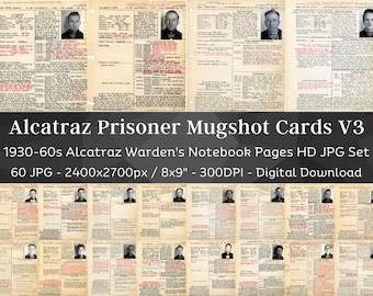 60 Vintage Alcatraz Inmate Prison Records with Mugshots HD Image V3 | Wardens Notebook Criminal Files | Crime Junk Journal| Digital Download