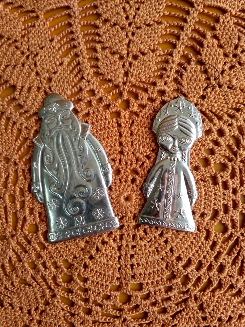 Cute Soviet Christmas Tree Decorations 1950s Onrament. Santa Claus and Snow Maiden Christmas Decoration USSR Cardboard Xmas Ornament