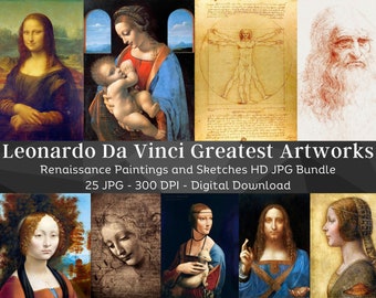 Leonardo Da Vinci Artwork Paintings | 25 HQ Digital Image Bundle | Vintage Masterpieces Wall Art Collection | Mona Lisa | Instant Download