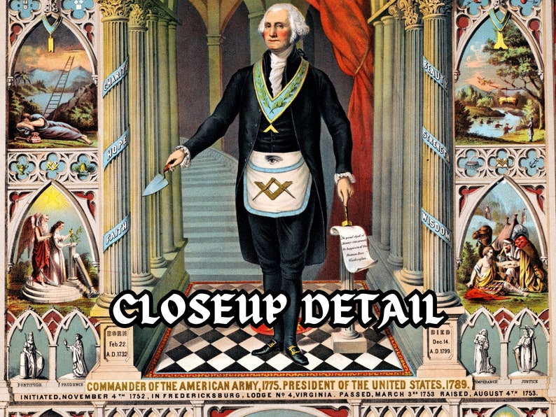 May include: A vintage illustration of George Washington, the first President of the United States, in Masonic regalia. The image features a checkered floor, columns with Masonic symbols, and a banner with the text "CLOSEUP DETAIL".