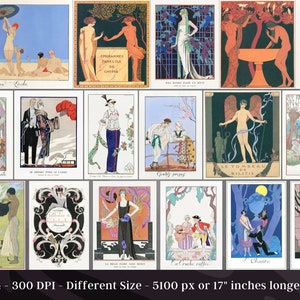May include: A collection of 34 vintage art deco illustrations featuring women in various poses and settings. The illustrations are in a variety of styles, including geometric, abstract, and figurative. The illustrations are in black and white and color, and they are all in a vintage style.