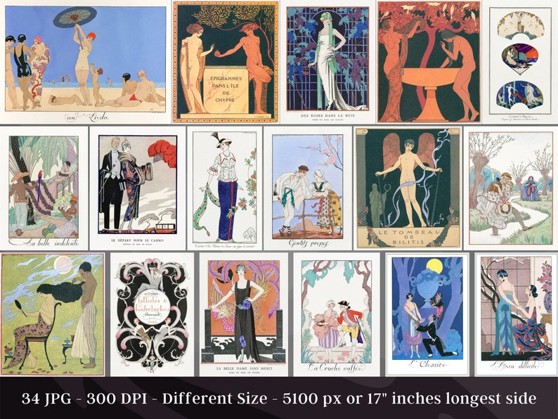 May include: A collection of 34 vintage art deco illustrations featuring women in various poses and settings. The illustrations are in a variety of styles, including geometric, abstract, and figurative. The illustrations are in black and white and color, and they are all in a vintage style.