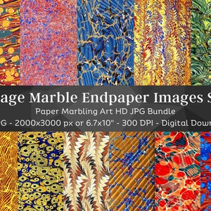 Puede incluir: Un conjunto de 44 imágenes digitales de guardas de papel marmoleado vintage. Las imágenes son de alta resolución, 2000x3000 píxeles, y presentan una variedad de colores y patrones. Las imágenes son perfectas para usar en scrapbooking, creación de tarjetas y otros proyectos de manualidades.