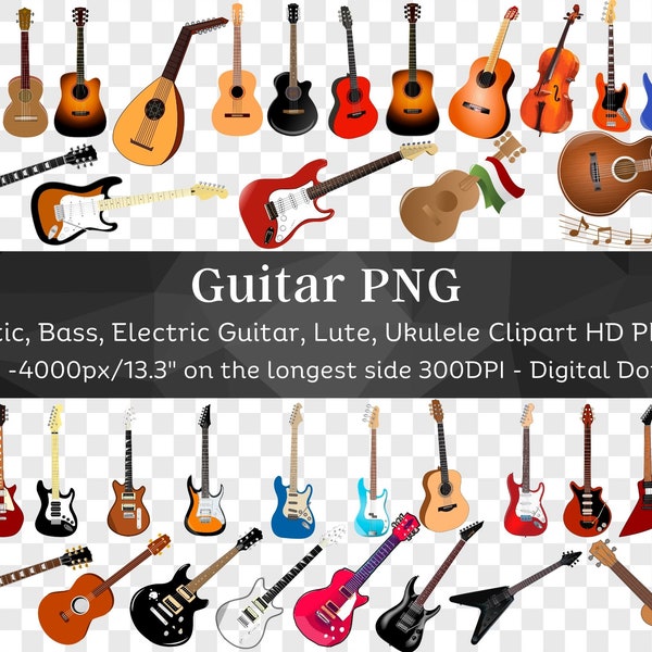 Guitar Clipart 42 PNG | Acoustic Guitar Bass Guitar Electric Guitar, Cello, Lute, Ukulele| Musical Instrument Scrapbooking| Digital Download