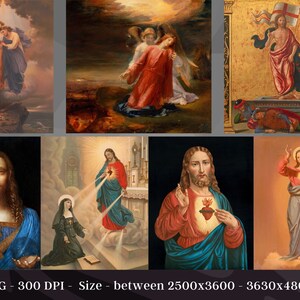 May include: A collection of six religious paintings depicting scenes from the Bible. The paintings are in a variety of styles, from Renaissance to modern. The paintings are all framed and in good condition.