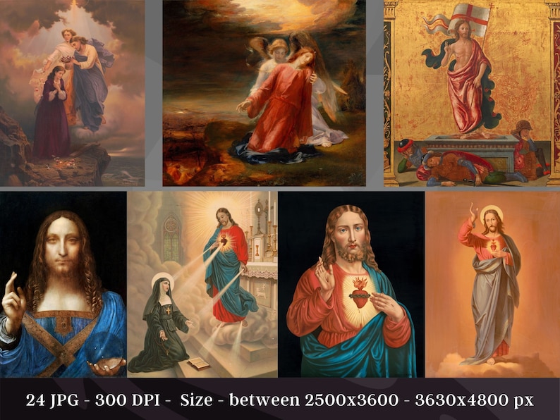 May include: A collection of six religious paintings depicting scenes from the Bible. The paintings are in a variety of styles, from Renaissance to modern. The paintings are all framed and in good condition.