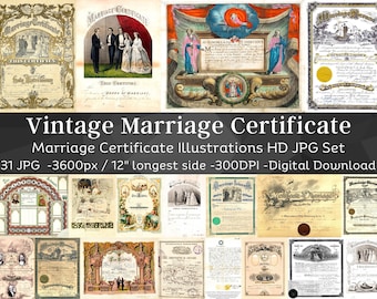 May include: A digital download set of 31 vintage marriage certificate illustrations. The illustrations are in a variety of styles, including ornate, simple, and romantic. The illustrations are perfect for creating invitations, announcements, or other wedding-related materials.