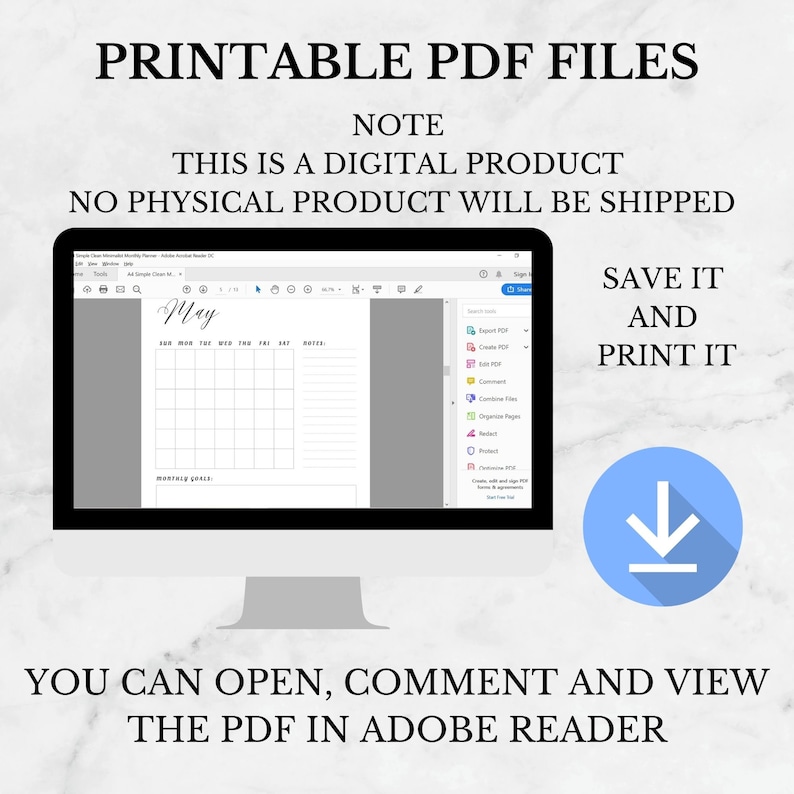 Puede incluir: Una pantalla de ordenador que muestra un calendario PDF imprimible para el mes de mayo. El calendario est&aacute; abierto en Adobe Acrobat Reader, con la barra de herramientas visible. El texto "SAVE IT AND PRINT IT" se muestra sobre una flecha de descarga azul. El texto "YOU CAN OPEN, COMMENT AND VIEW THE PDF IN ADOBE READER" se muestra debajo de la imagen.