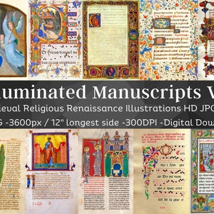 Iluminowany rękopis 36 Średniowieczne religijne renesansowe ilustracje V3 | Gotyckie zabytkowe strony dziennika śmieci do wydrukowania | Natychmiastowe pobranie