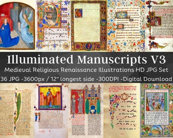 Illuminated Manuscript 36 Medieval Religious Renaissance Illustrations V3 | Gothic Vintage Printable Junk Journal Pages | Instant Download