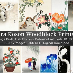 May include: A collection of 39 vintage Japanese woodblock prints featuring birds, fish, flowers, and botanical artwork. The prints are in high-resolution JPG format and are perfect for digital download.