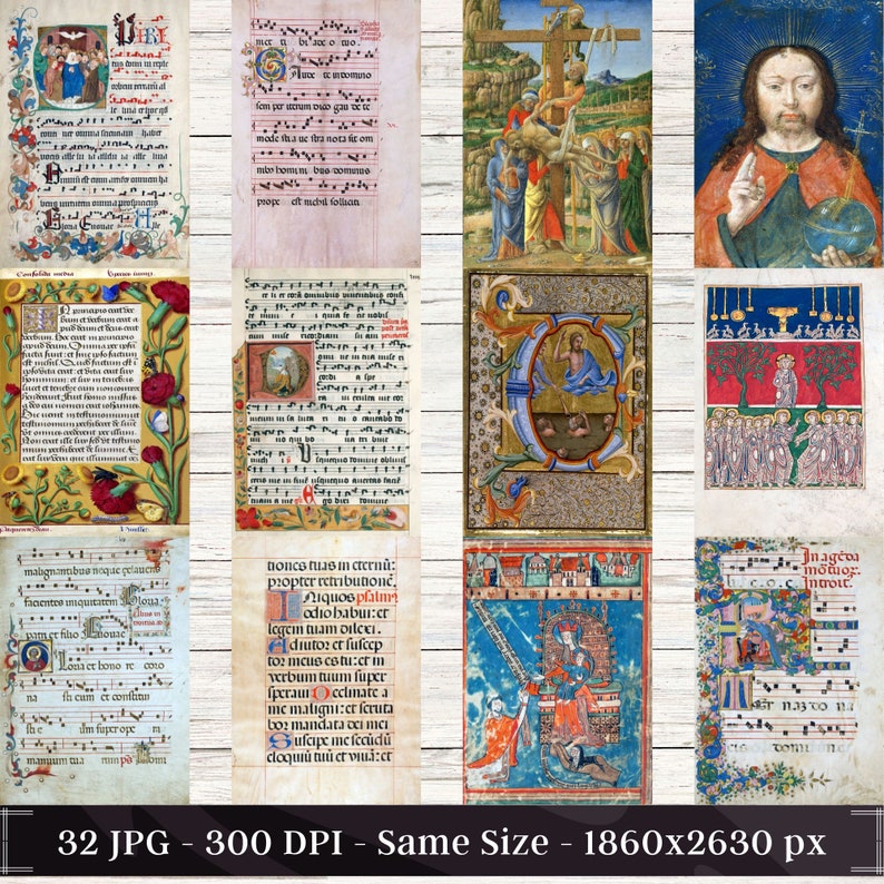 32 Illuminated Manuscripts Pages Medieval Junk Journal Book of Hours ...
