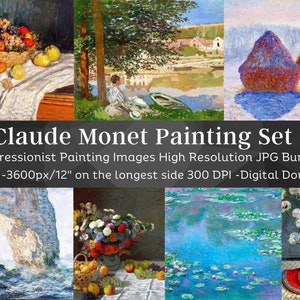 May include: A collection of six Impressionist paintings by Claude Monet. The images include still lifes of fruit, landscapes with water and haystacks, and a portrait of a woman in a kimono. The text reads "Claude Monet Painting Set 1".