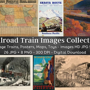 Vintage Railroad & Train Images | 26 JPG, 8 PNG HQ Digital Image Bundle | Antique Railway Ephemera Wall Art Collection | Instant Download