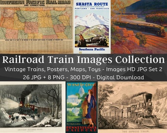 Imagens de ferrovia e trem vintage | Pacote de imagens digitais HQ 26 JPG, 8 PNG | Coleção de arte de parede de coisas efêmeras ferroviárias antigas | Download instantâneo