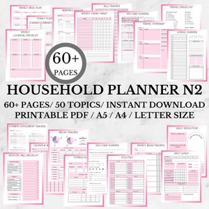 May include: A printable household planner with 60+ pages and 50 topics. The planner is designed in pink and gray with a variety of sections for tracking, planning, and organizing. The planner is available in A5, A4, and letter size.