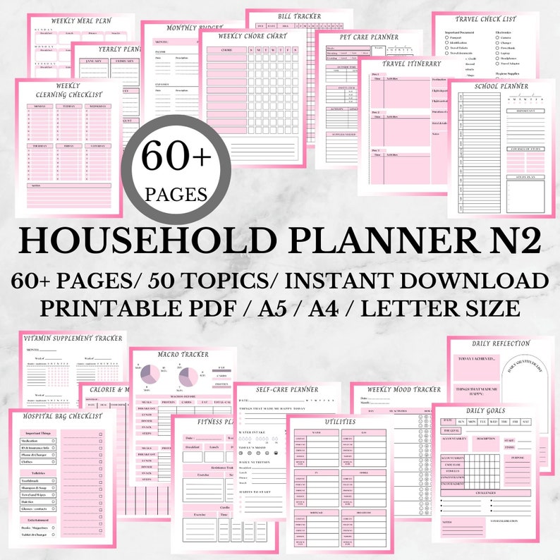 May include: A printable household planner with 60+ pages and 50 topics. The planner is designed in pink and gray with a variety of sections for tracking, planning, and organizing. The planner is available in A5, A4, and letter size.