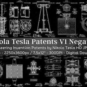 Op de afbeelding: Een digitale downloadset van 81 hoge-resolutie JPG-afbeeldingen van Nikola Tesla's technische uitvindingspatenten in zwart-wit. De afbeeldingen zijn 2250 pixels breed en 3600 pixels hoog en hebben een resolutie van 300 DPI. De set bevat patenten voor een verscheidenheid aan uitvindingen, waaronder elektromotoren, generatoren en transformatoren. De tekst op de afbeelding luidt "Nikola Tesla Patents V1 Negative Engineering Invention Patents by Nikola Tesla HD JPG Set 81 JPG - 2250x3600px / 7.5x12" - 300DPI - Digital Download"