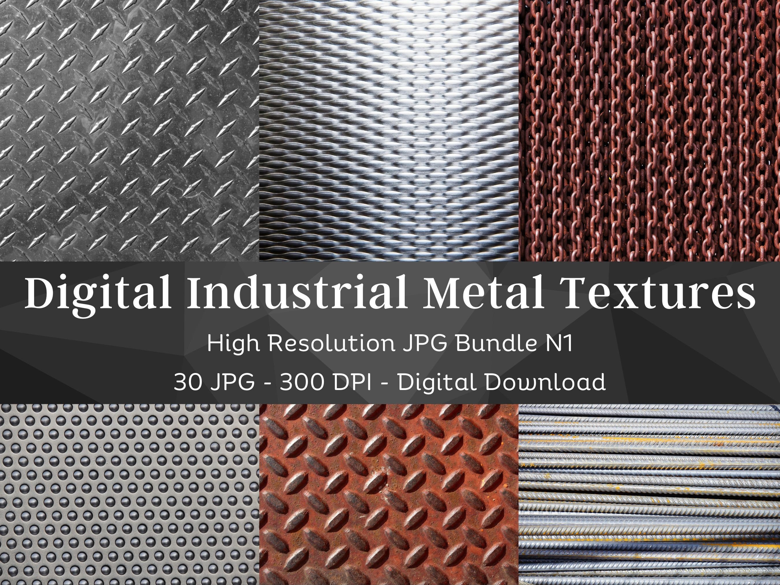 Paquete de 30 texturas metálicas industriales – Chapa damero, óxido, cadenas | JPG 300 DPI para Procreate, Photoshop y scrapbooking