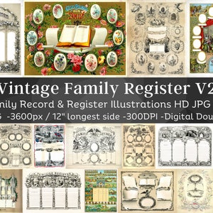 26 Ilustraciones de plantillas de registros familiares vintage V2 / Registro familiar de registros genealógicos victorianos de 1800-1900 / Diario basura / Descarga instantánea