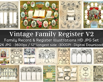 26 Ilustraciones de plantillas de registros familiares vintage V2 / Registro familiar de registros genealógicos victorianos de 1800-1900 / Diario basura / Descarga instantánea