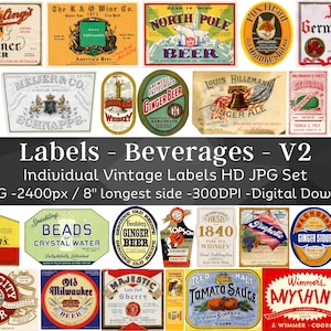 Vintage Beverage Labels Kit 82 HQ Digital JPG Bundle 2 | Retro Drink Bottle Label | Alcohol & Non Alcoholic Drink Labels | Instant Download