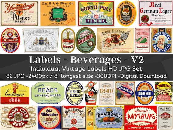 Vintage Beverage Labels Kit 82 HQ Digital JPG Bundle 2 | Retro Drink Bottle Label | Alcohol & Non Alcoholic Drink Labels | Instant Download