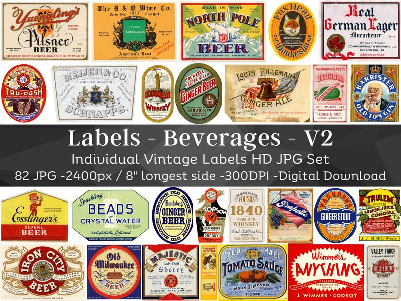 Vintage Beverage Labels Kit 82 HQ Digital JPG Bundle 2 | Retro Drink Bottle Label | Alcohol & Non Alcoholic Drink Labels | Instant Download bild 1