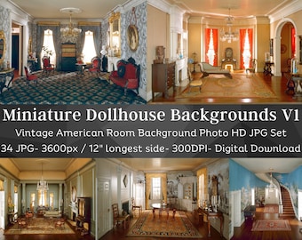 34 Miniature Doll House Background Photos V1 | American Retro House Interior | Victorian Theme Dollhouse Bundle | Scrapbook | JPG Clipart