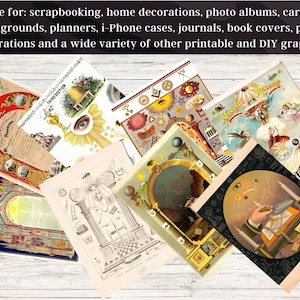May include: A collection of vintage Masonic prints featuring various symbols and imagery, including an all-seeing eye, a compass and square, and a pyramid. The prints are printed on paper with a cream background and have a distressed, antique look.
