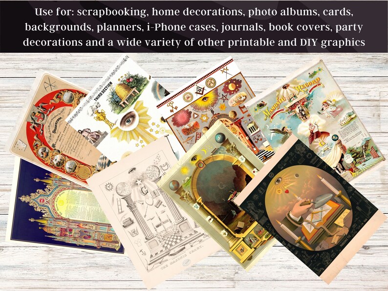 May include: A collection of vintage Masonic prints featuring various symbols and imagery, including an all-seeing eye, a compass and square, and a pyramid. The prints are printed on paper with a cream background and have a distressed, antique look.