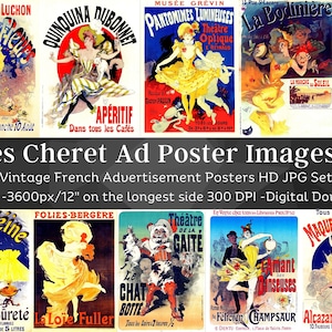 Conjunto de 4 imágenes de carteles publicitarios franceses antiguos de Jules Chéret: 32 imágenes digitales JPG de alta calidad, colección de arte mural con anuncios Art Nouveau antiguos, descarga instantánea